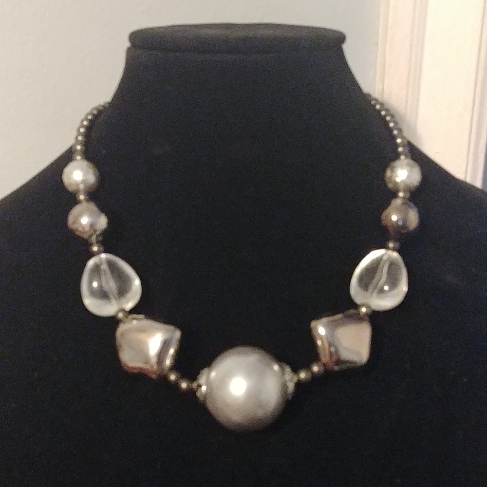18 in with 4 inch extender silver, pewter, and clear beads necklace.